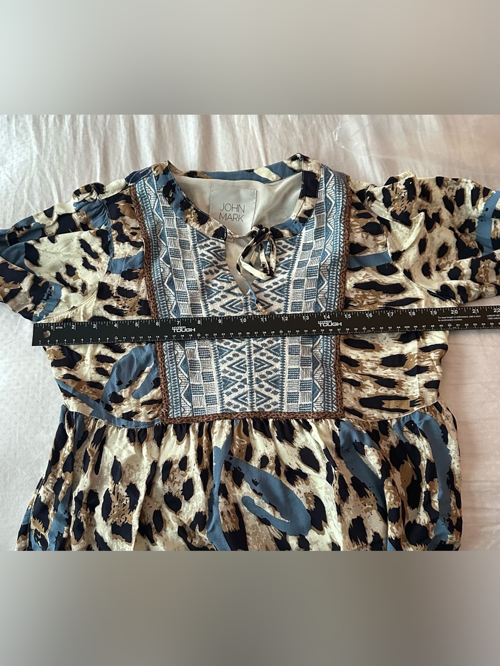 John Mark Leopard Print Embroidered Patchwork Blouse Blue Tan Medium - Picture 5 of 7